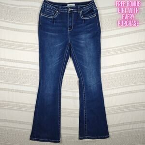 Bamboo High Rise Flare Jeans Dark Wash White Stitching Size 13
